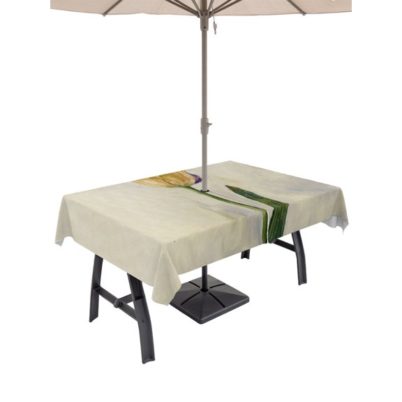 60x102 Inch Outdoor Tablecloth with Umbrella Hole Zipper Rectangle Vintage Yellow Tulip Flowers Rectangular Tablecloths Waterproof Country Pastoral Plants Leaves Patio Table Cloth Cover for Picnic