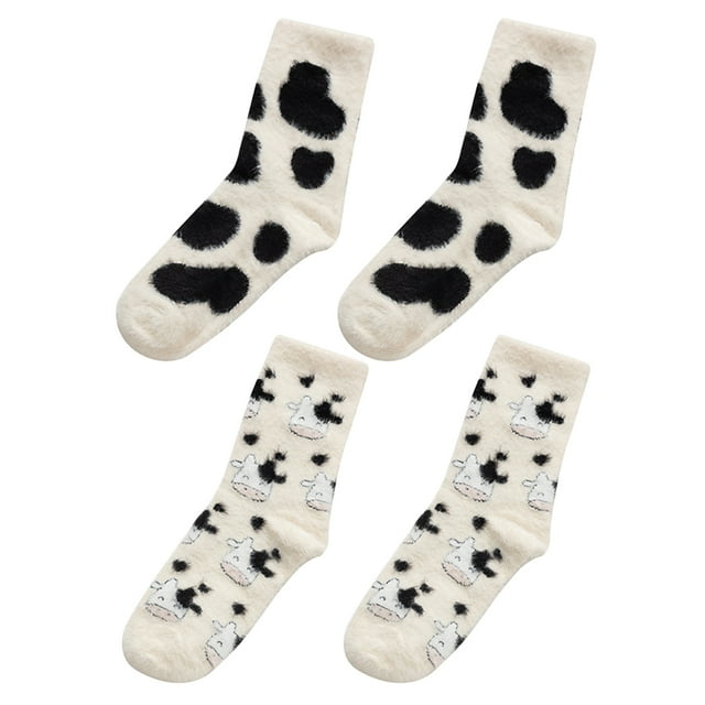 2 Paires de Chaussettes Délicates Cartoon Cows pour Femmes, Chaussettes en Peluche Tube
