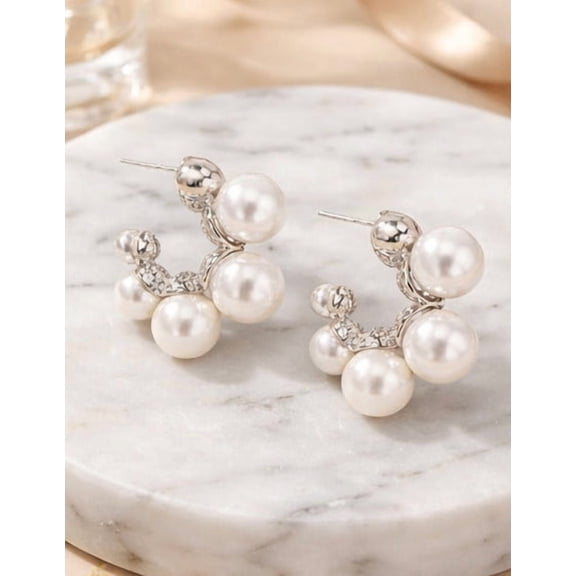 Pearl Cluster Stud Earrings for Women – Silver Tone Rhinestone & Faux Pearl Statement Earrings, Elegant Fashion Jewelry