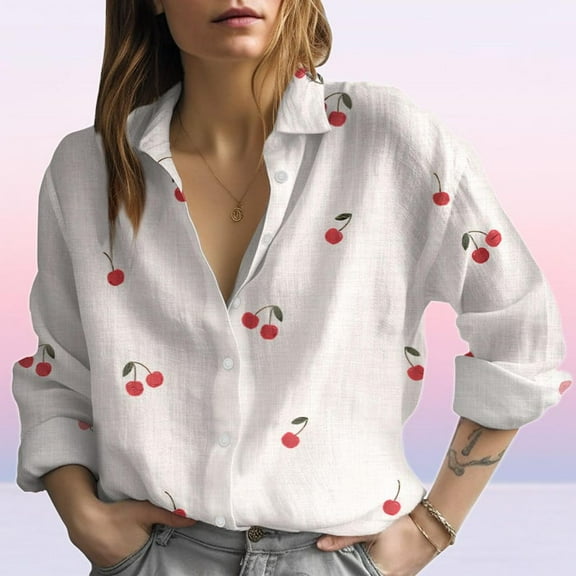 Cherry Blouse, Summer Vibe Blouse Shirt, Nature Lover Women Shirt, Womens Button Down Shirts, Womens Fruit Blouse, Gift For Her