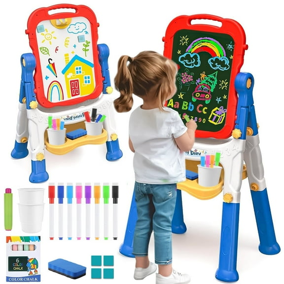 Sunforu Easel for Kids, Double-Sided Magnetic Kid Art Easel Complete Drawing Station with Whiteboard, Chalkboard, Markers, Chalk, Magnets, Height-Adjustable, Gifts for Age 2-8