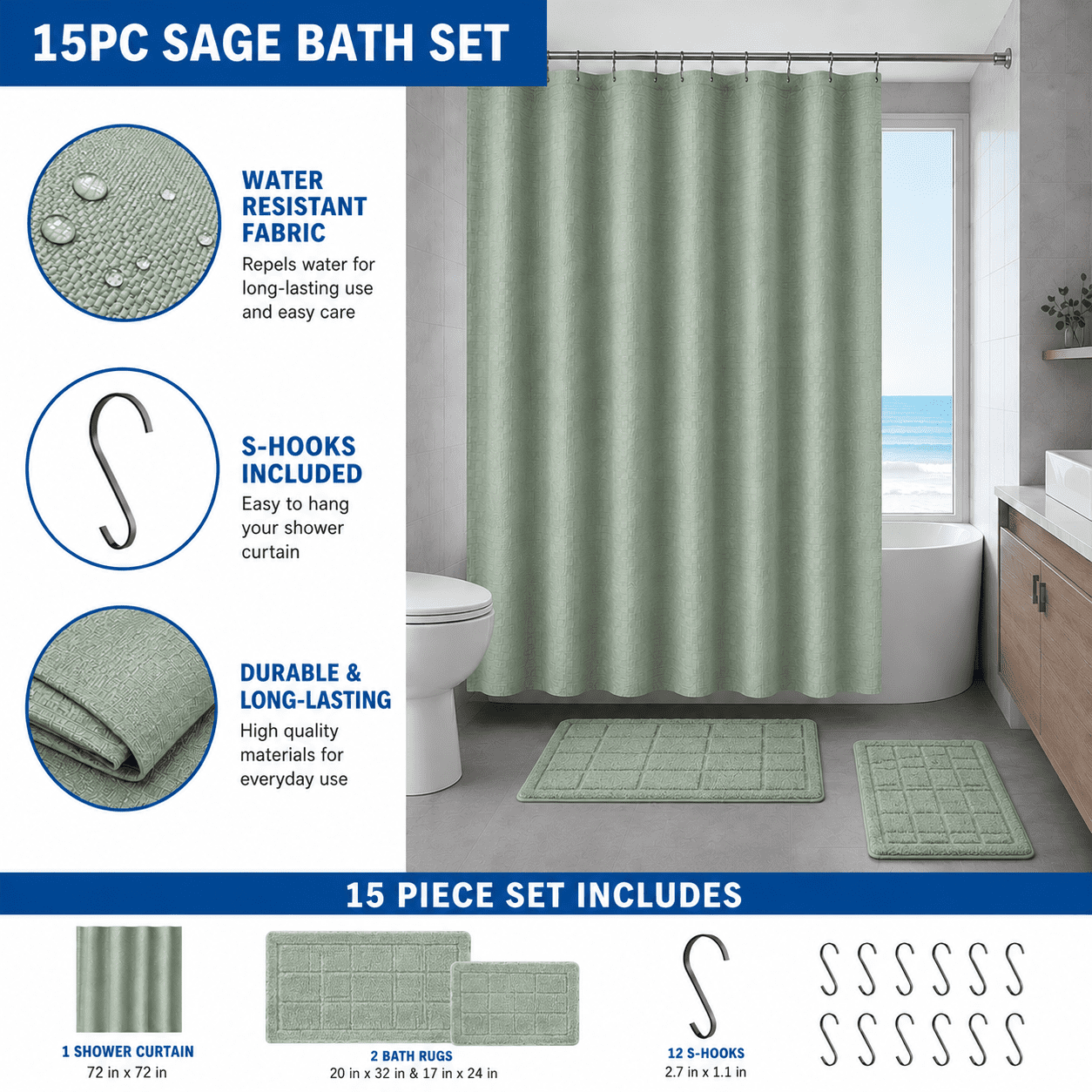 Mainstays 15-Piece Green Checkered Bathroom Set – Shower Curtain, Bath Rugs & Hooks, Easy Care