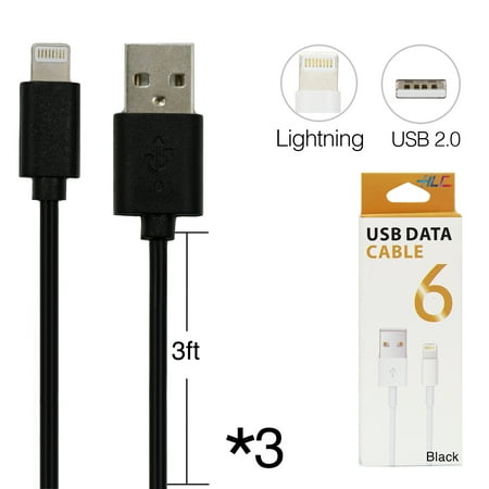 Orange Cable Power Cable - Three 8 Pin USB Lightning Cable 3 feet for iPhone X/8/7/6/5 - Black