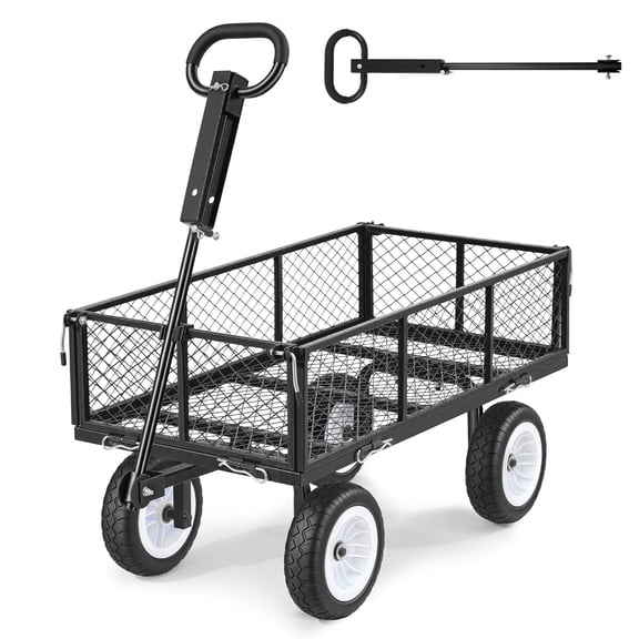 VEVOR Garden Cart, 900 LBS, Heavy Duty Steel Yard and Garden Utility Wagon with 10-Inch Tires, Outdoor Gardening Stool with Adjustable Handle, Detachable Side Panels, Attach to ATV or Tractor, Black