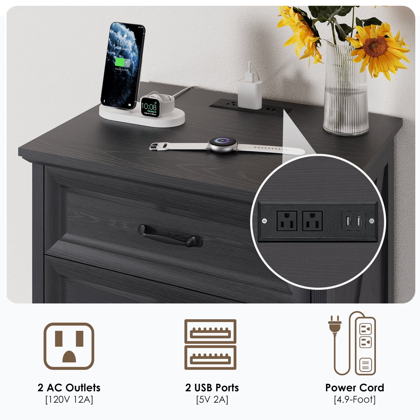 Hommpa Farmhouse 3 Drawers Nightstand with Charging Station, Rustic Wood Night Stand with Drawers for Bedroom, Vintage Bedside Table Small Dresser Chest of Drawers for Living Room, Black