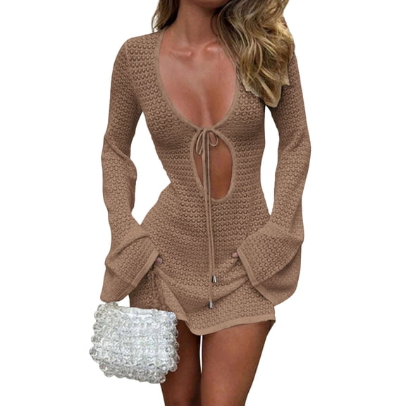 Swimsuit Cover Up for Women Crochet Bathing Suit V Neck Mesh Knit Dress Beach Vacation Clothes Brown S