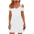 thumbnail image 2 of Uscallm Women's Off Shoulder Short Sleeve Mini Dresses Solid Boho Casual Travel V Neck Summer Club Beach Sundresses, White L, 2 of 7