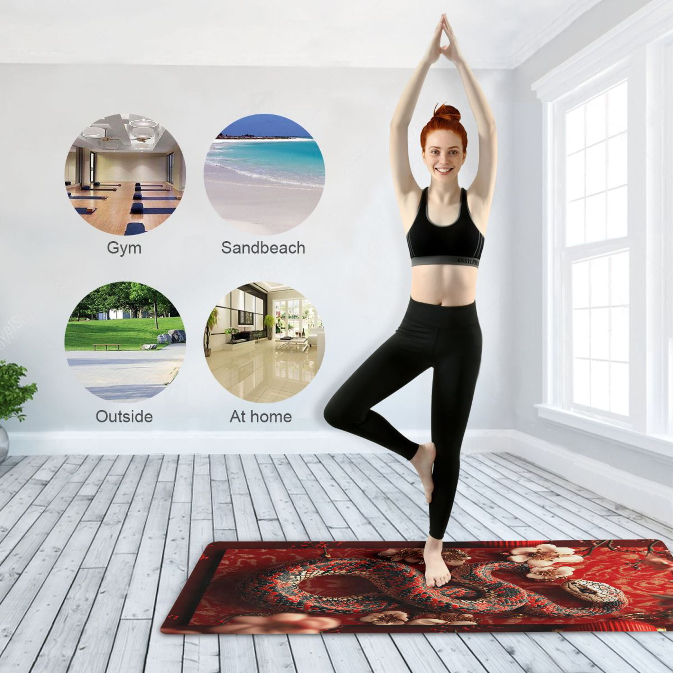 BZSMCE Yoga Mat Women Red Snake with Flowers Fitness Mat