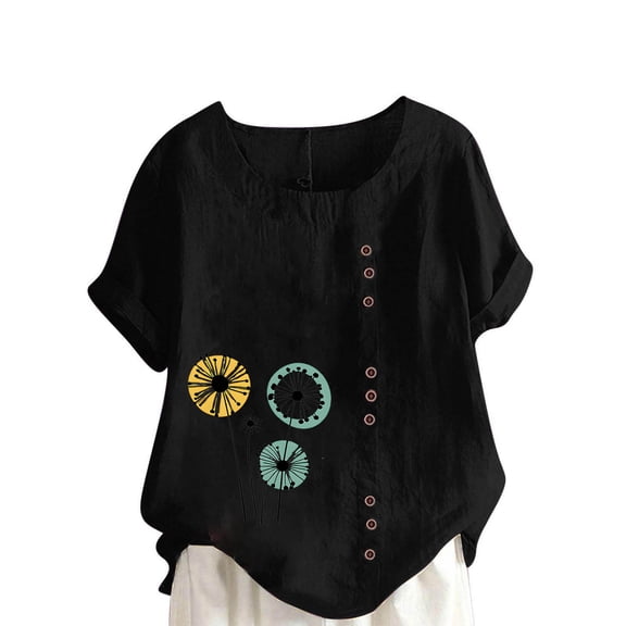 Sexlip Womens Short Sleeve Top Pattern Print Fringe Hem Side Button Design Loose Sleeve Soft Fabric Relaxed Silhouette for Weekend Outings Black M