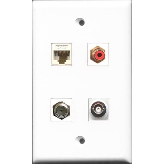 RiteAV 1 Port RCA Red and 1 Port Coax Cable TV- F-Type and 1 Port BNC and 1 Port Cat6 Ethernet White Wall Plate