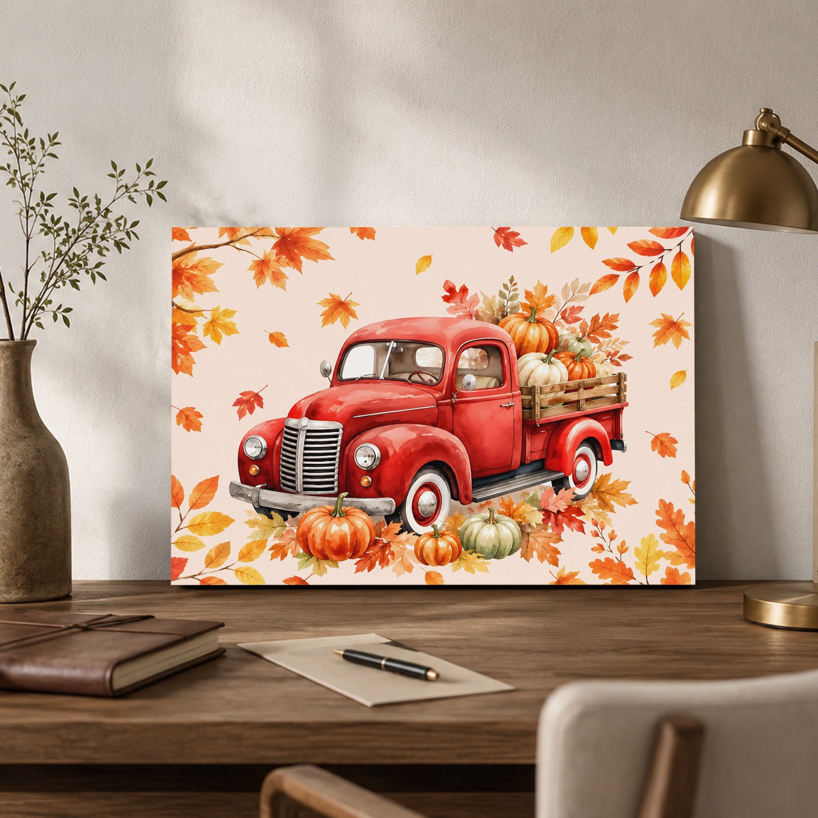 Thanksgiving Red Truck Canvas Wall Art Fall Harvest Pumpkin Maple Leaf Grey Gingham Wall Art Prints Artwork Framed Canvas Ready to Hang Art Pictures for Bathroom Nightstand Narrow Hallway 14 x 11