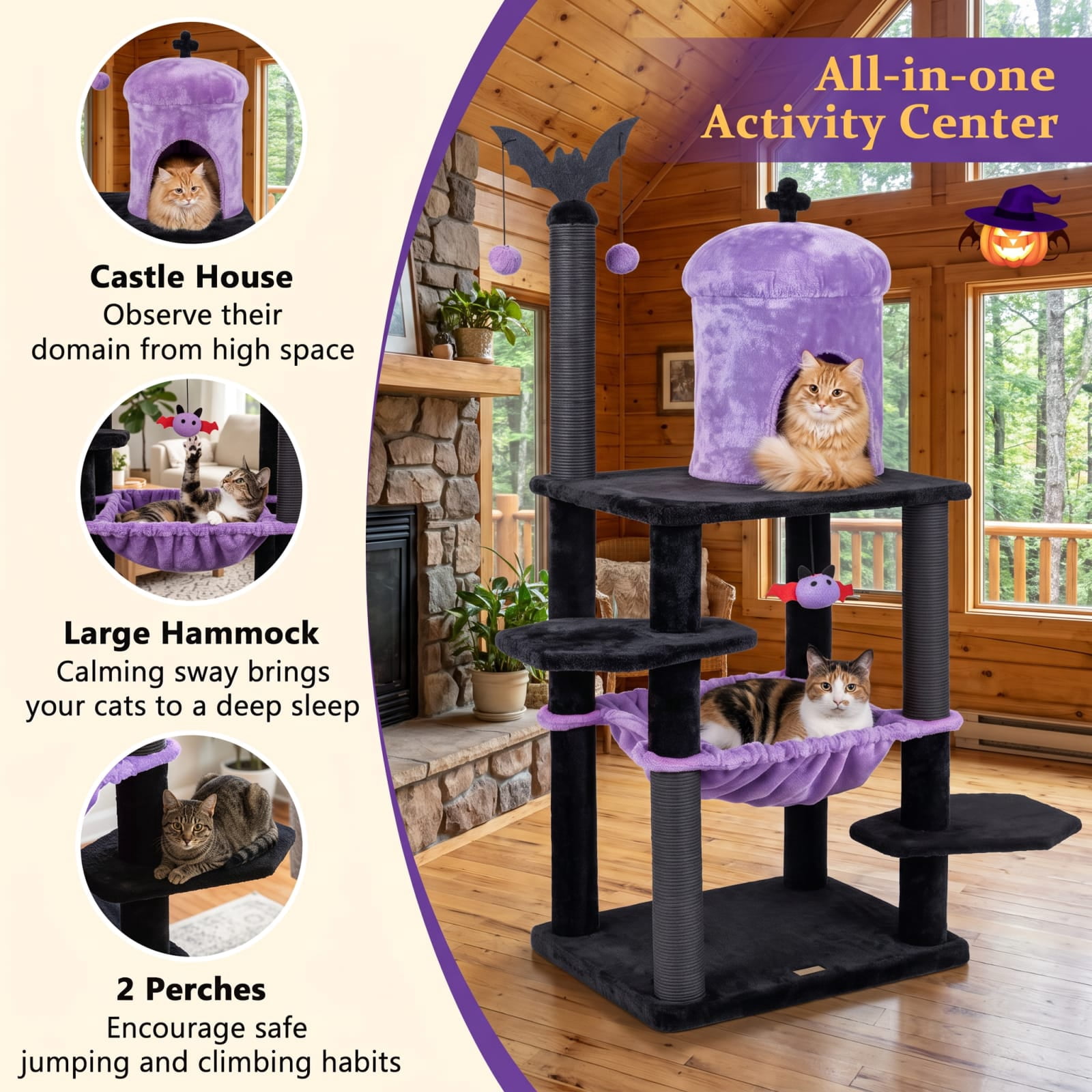 Vebreda Gothic Cat Tree for Indoor Cats, 51 in Multi-Level Cat Tower with Condo, Hammock, 2 Perches, Scratching Posts and Spider Toys, Purple
