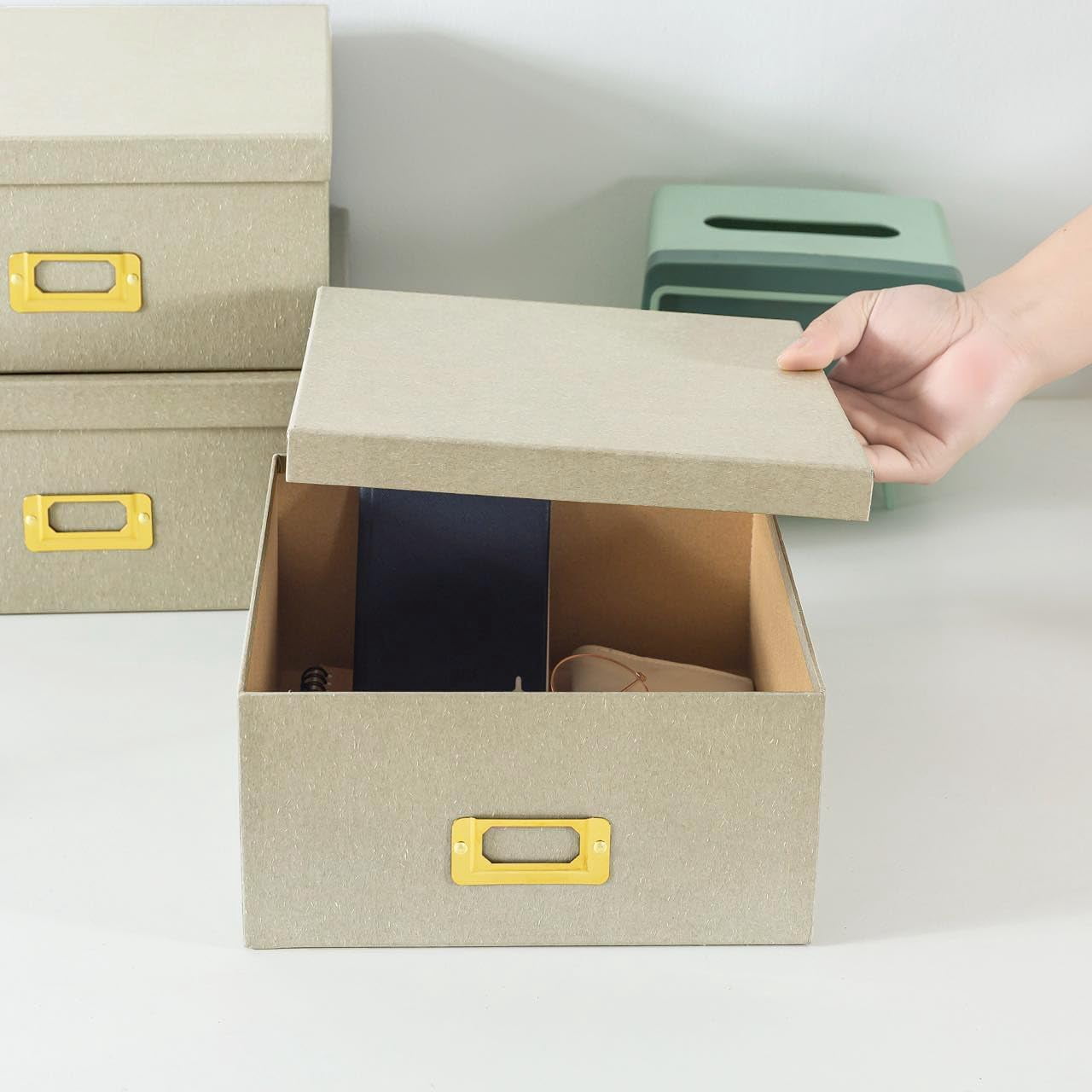 Square Stacking Boxes with Lids and Gold Label Holders, Decorative Photo Storage, Nesting Cardboard Set for Decor and Organizing
