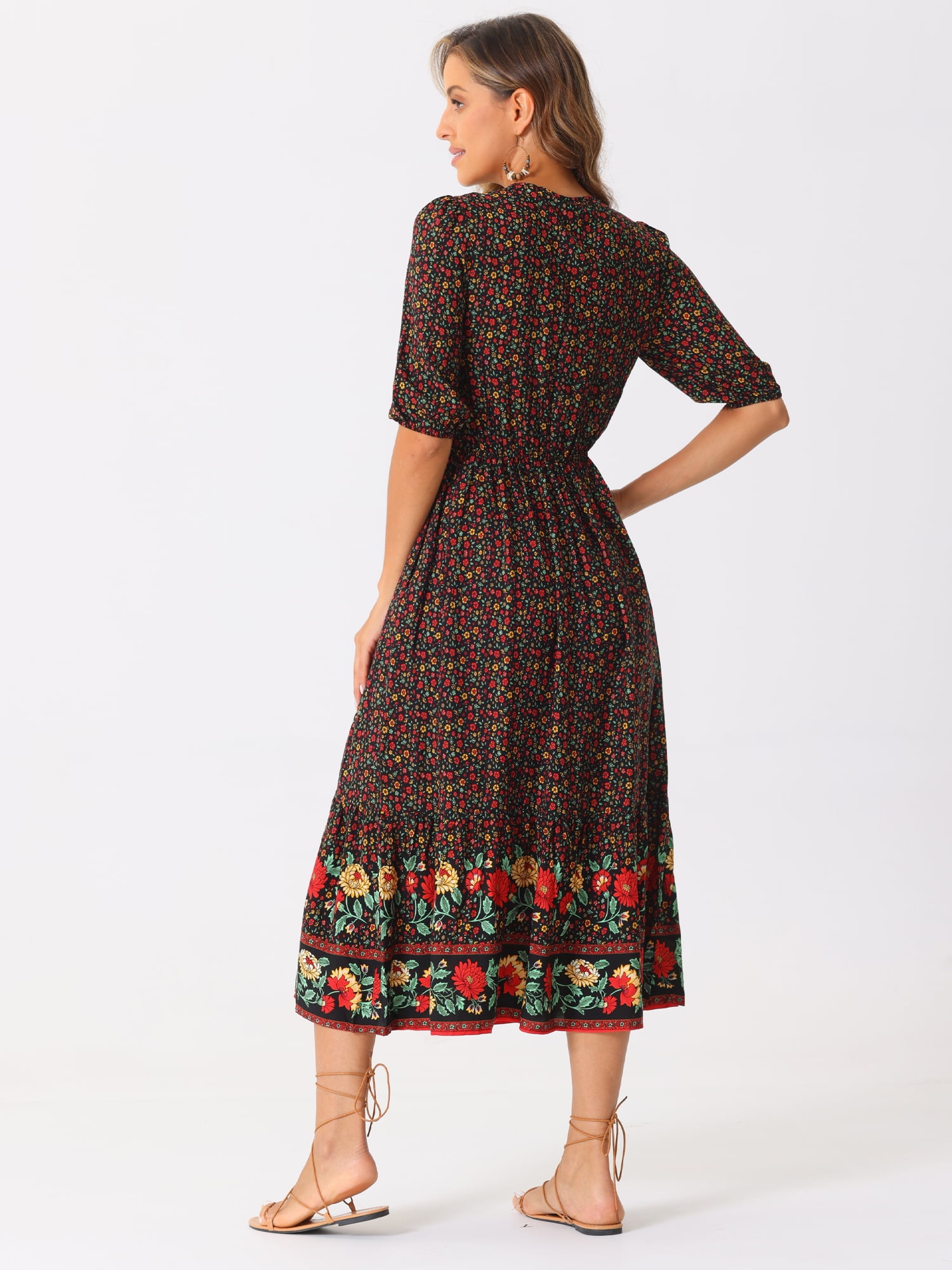 DARING DIVA Boho Midi Drawstring V Neck Dress M Black