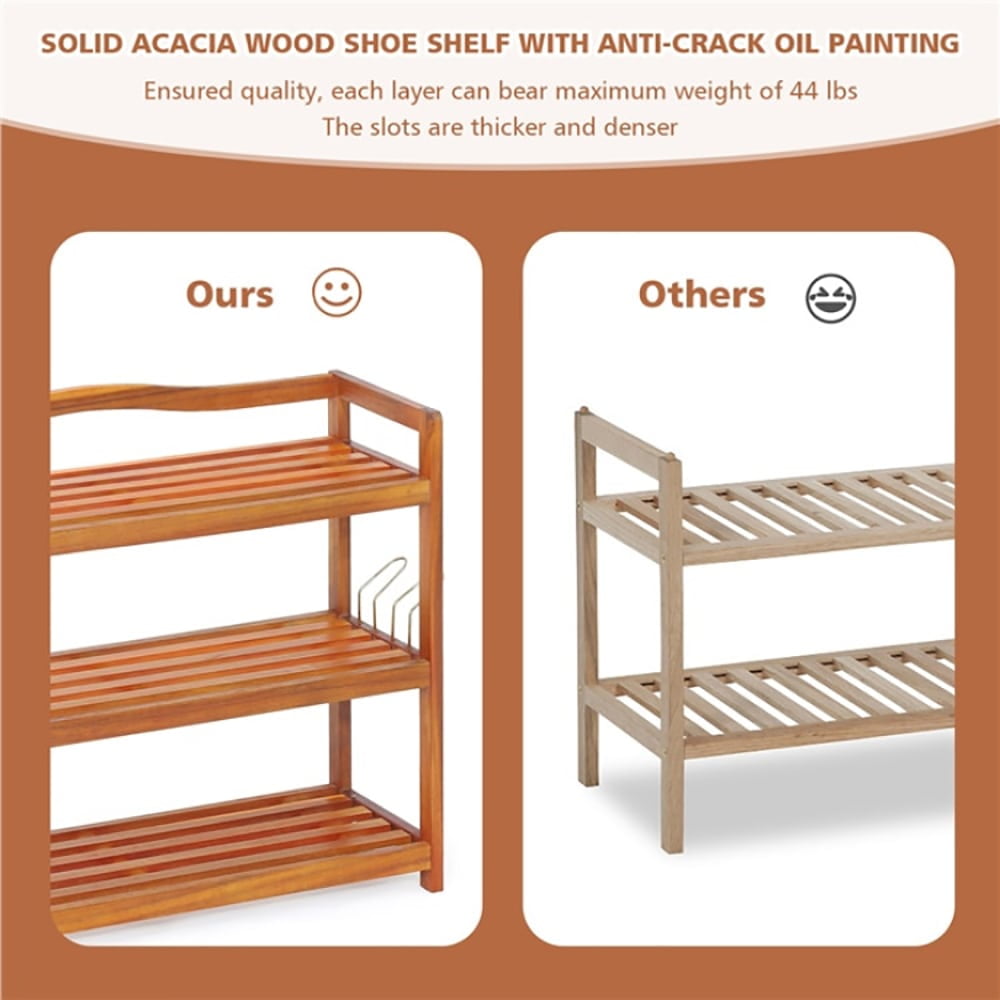 Spaco 5-Tier Acacia Wood Shoe Rack with Side Metal Hooks, Shoe Storage Organizer for Entryway & Closet