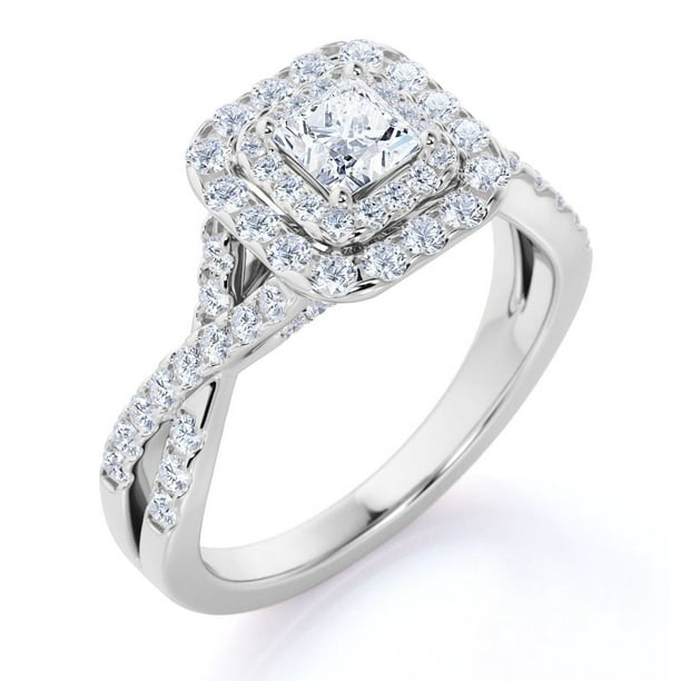 JeenMata Anillo de Compromiso Elegante con Diamante de Talla Cuadrada de 1 Quilate, Banda Retorcida, Pavé y Doble Halo, Oro Blanco de 10 K