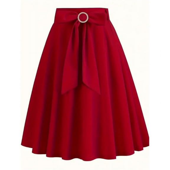 Riecok Vintage Skirts for Women 50s A-Line Bow Puffy Skirts Solid Lightweight Elegant Swing Skirt Red 2XL