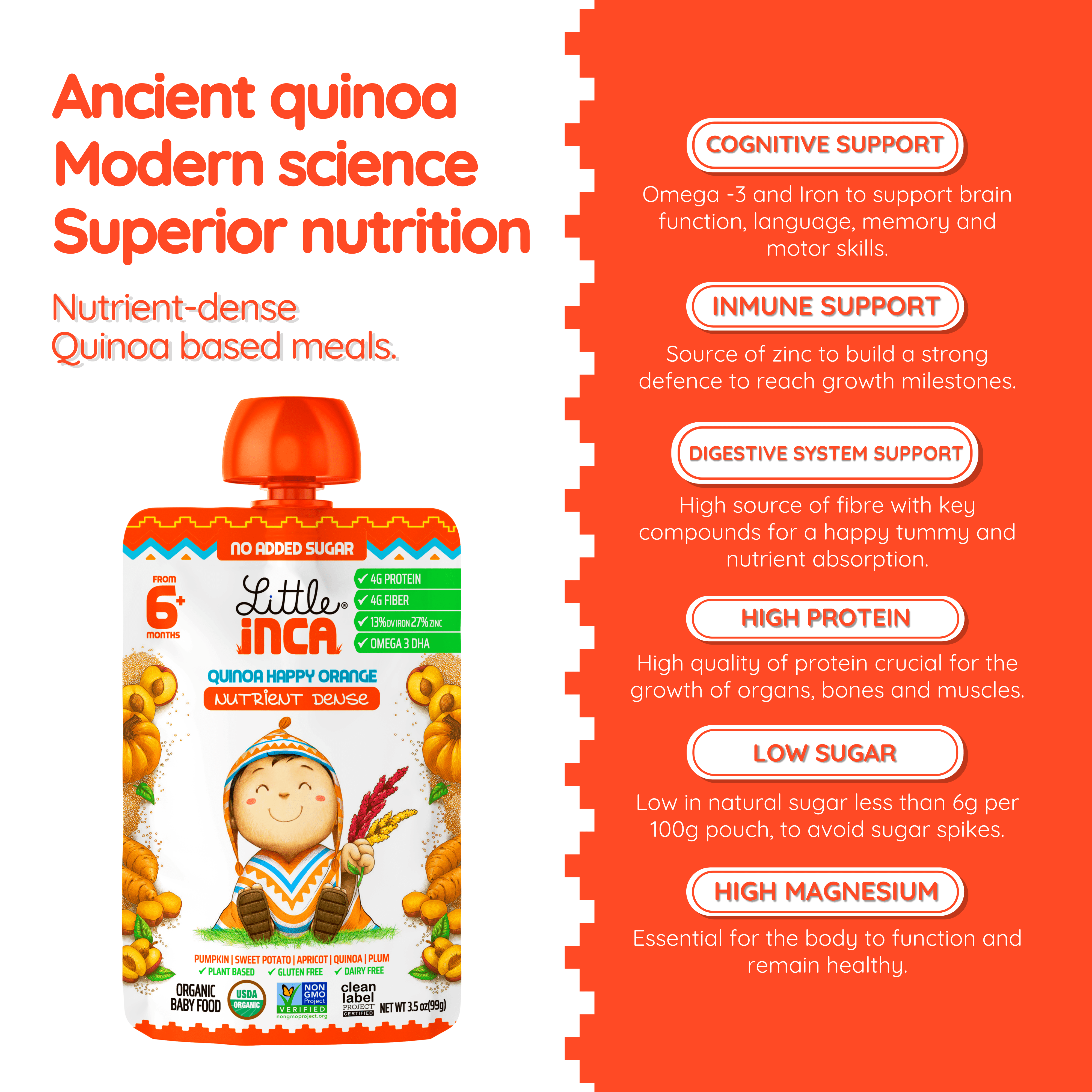 Little Inca Stage 2 Baby Food Pouches, Quinoa Happy Orange Baby Puree, Plant Based High Protein, Dairy-Free, 6 x 3.5oz