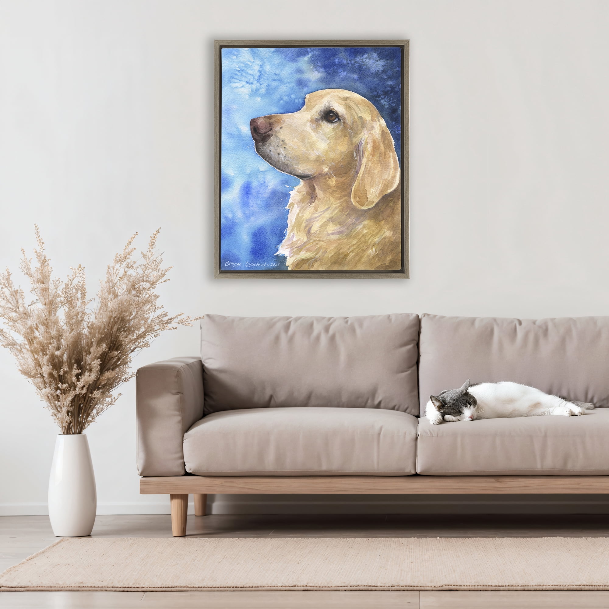 Stupell Industries Golden Retriever Portrait on Azure Brown Framed Floater Canvas Wall Art, design by George Dyachenko