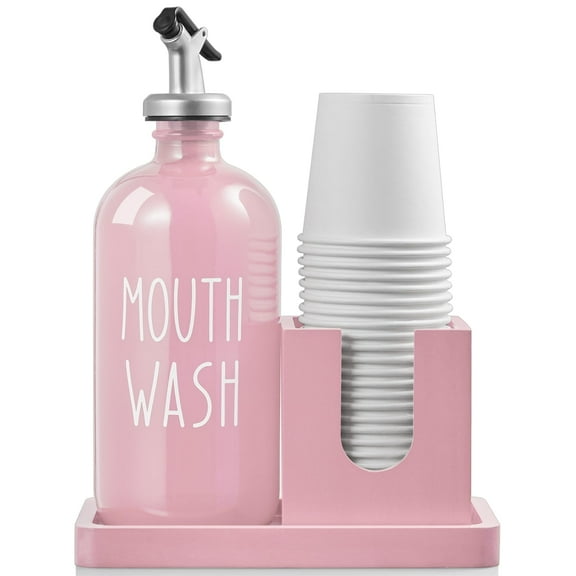 Dispensador de enjuague bucal Bivclaz de vidrio de 500 ml con portavasos, color rosa