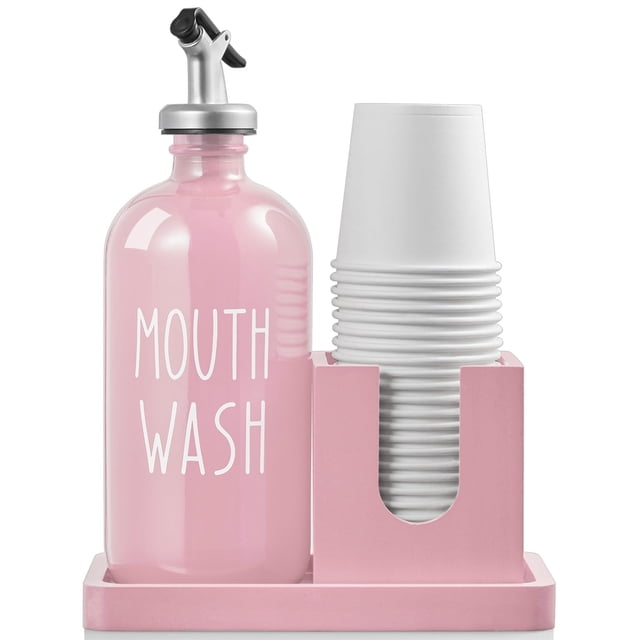 Dispensador de enjuague bucal Bivclaz de vidrio de 500 ml con portavasos, color rosa