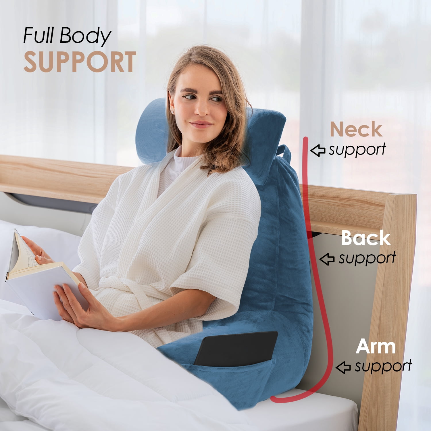 LAMMALOE Reading Pillow , Backrest Pillows with Arms, Plush Back Pillow Detachable Neck Roll, Shredded Memory Foam Bed Rest Pillow, Large, Blue Heaven