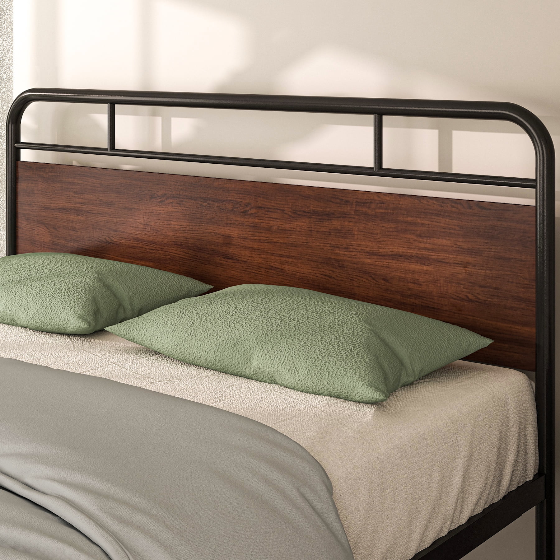 Allewie Sanders King Size Bed with Wooden Headboard, Vintage Metal Platform Bed