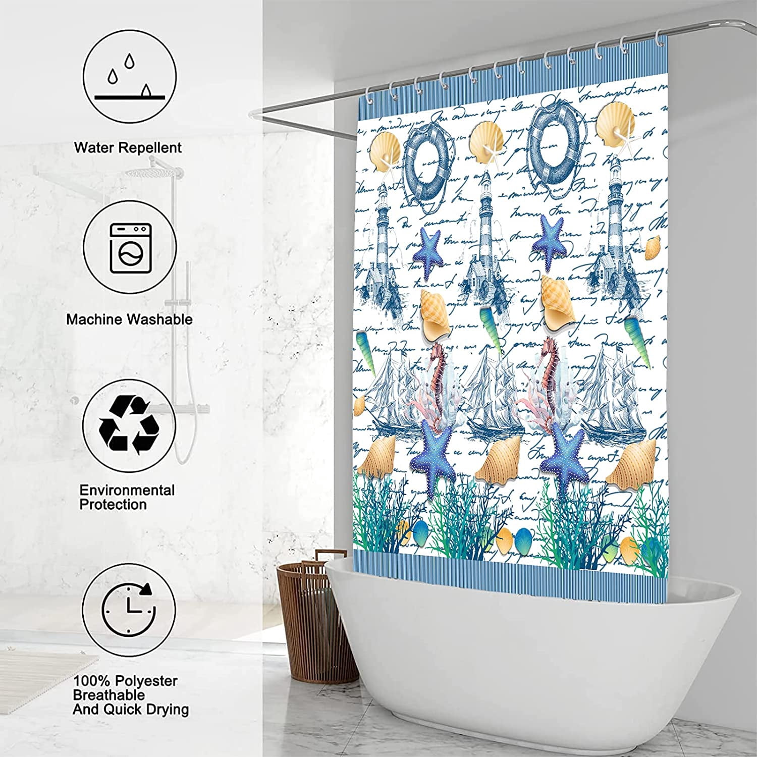 Rustic Nautical Shower Curtain,Lighthouse Sailing Beach Bathroom Shower Curtains,Navy Blue Coastal Bath Curtains Sets with 12 Hooks 72x72in,Waterproof Fabric