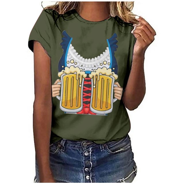 Pompotops Blouse Décontractée Mode Femme Imprimé Oktoberfest Col Rond T-Shirt Blouse Imprimée Tee Liquidation