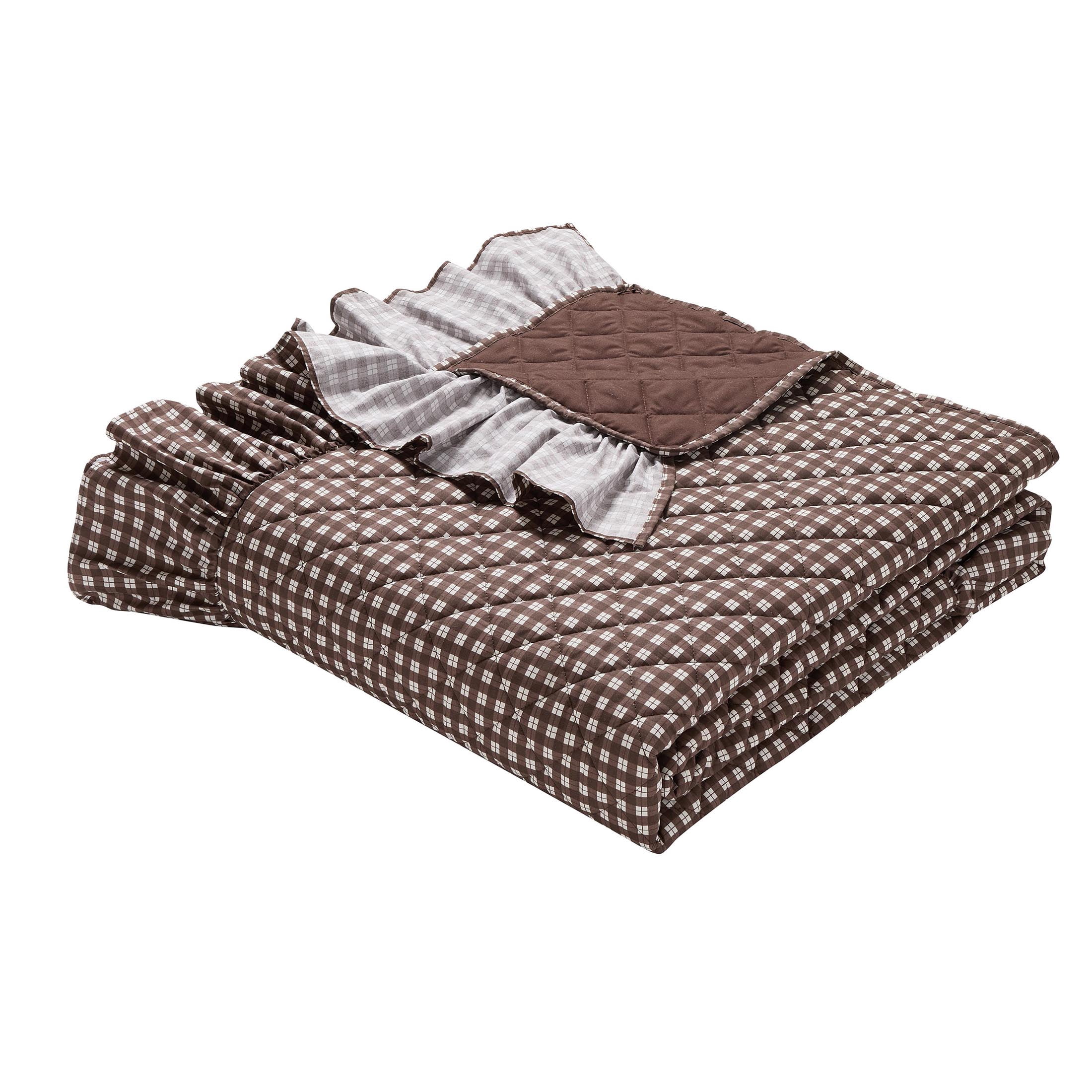 My Texas House Gingham Ruffle 3-Piece Brown Adult Quilt Set, Full/Queen