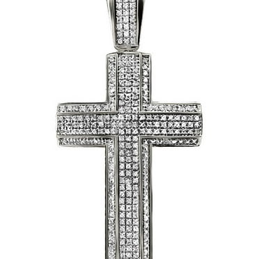 Unisex 10K White Gold Pave 3D Genuine Diamond Cross Charm Pendant 1.2ct 2.3"