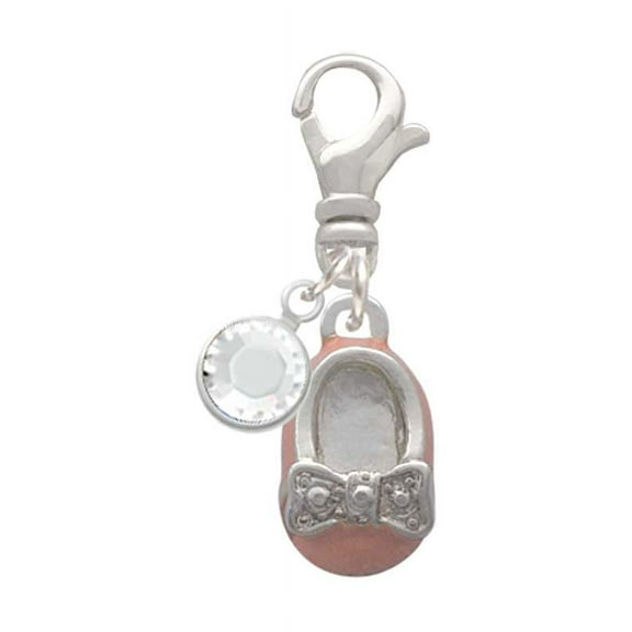 Delight Jewelry Silvertone Pink Enamel Baby Shoe with Bow - Silvertone Clip on Charm with Clear Crystal Drop