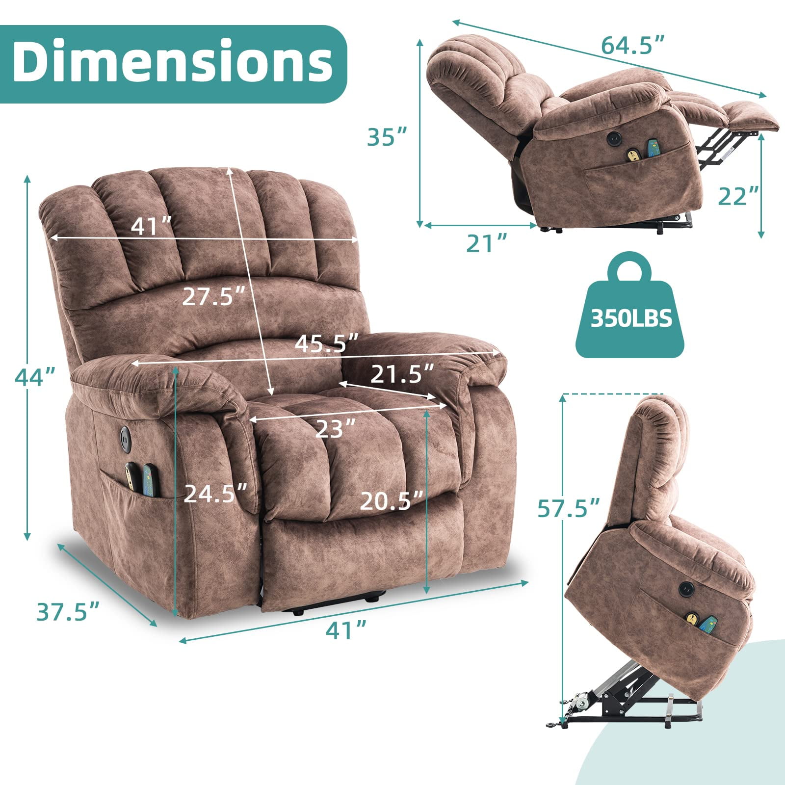 MEETWARM Large Power Lift Electric Recliner Chair with Massage and Heat, Overstuffed Wide Recliner for Elderly Big People, Heavy Duty Recliners with 2 Remote Controls, USB Ports, 2 Side Pocket (Brown)