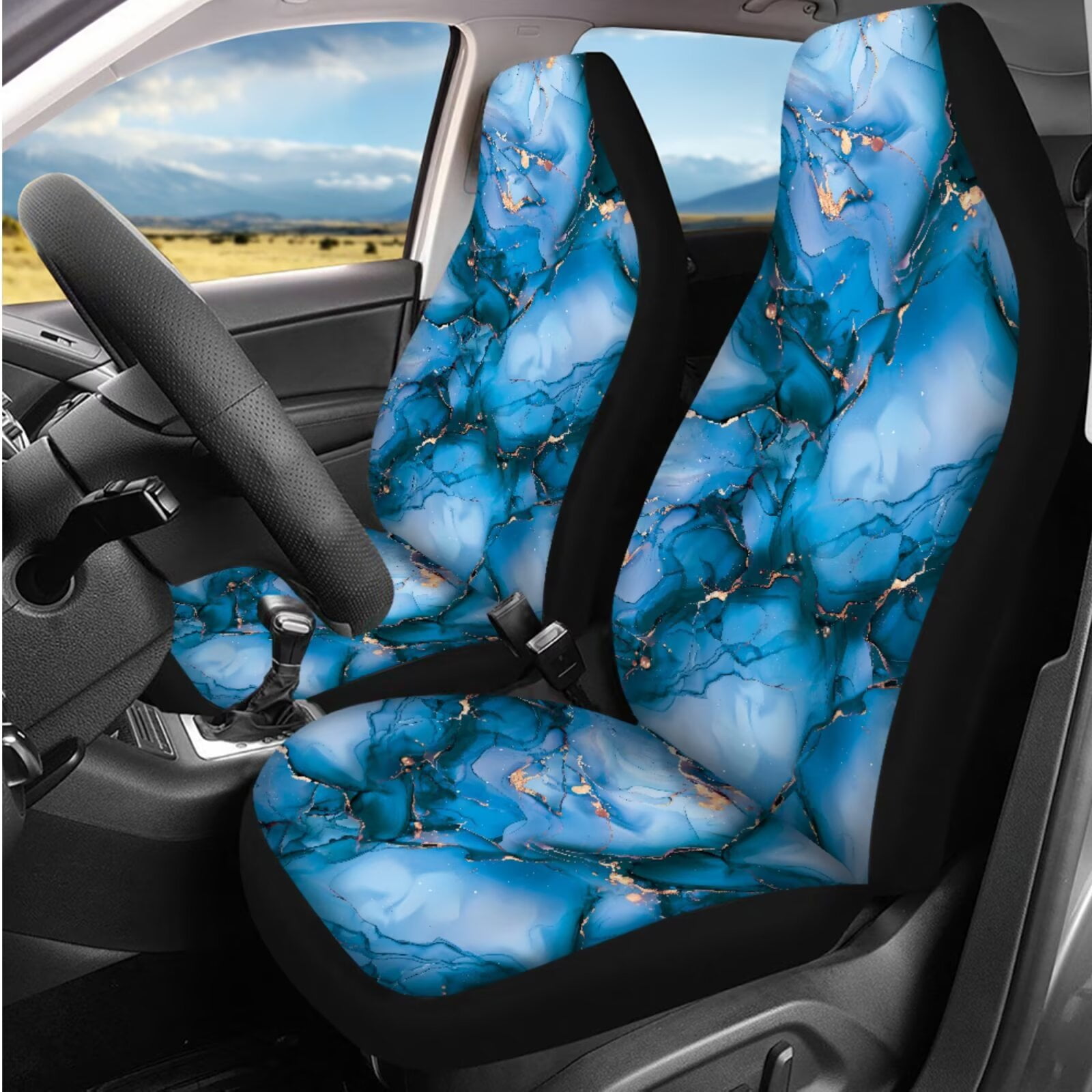 HUIACONG Blue Marble Print Car Seat Covers Full Set Front and Back with Steering Wheel Cover Seatbelt Covers Coasters Arm Rest Cover Headrest Cover Keychain 14 Pcs