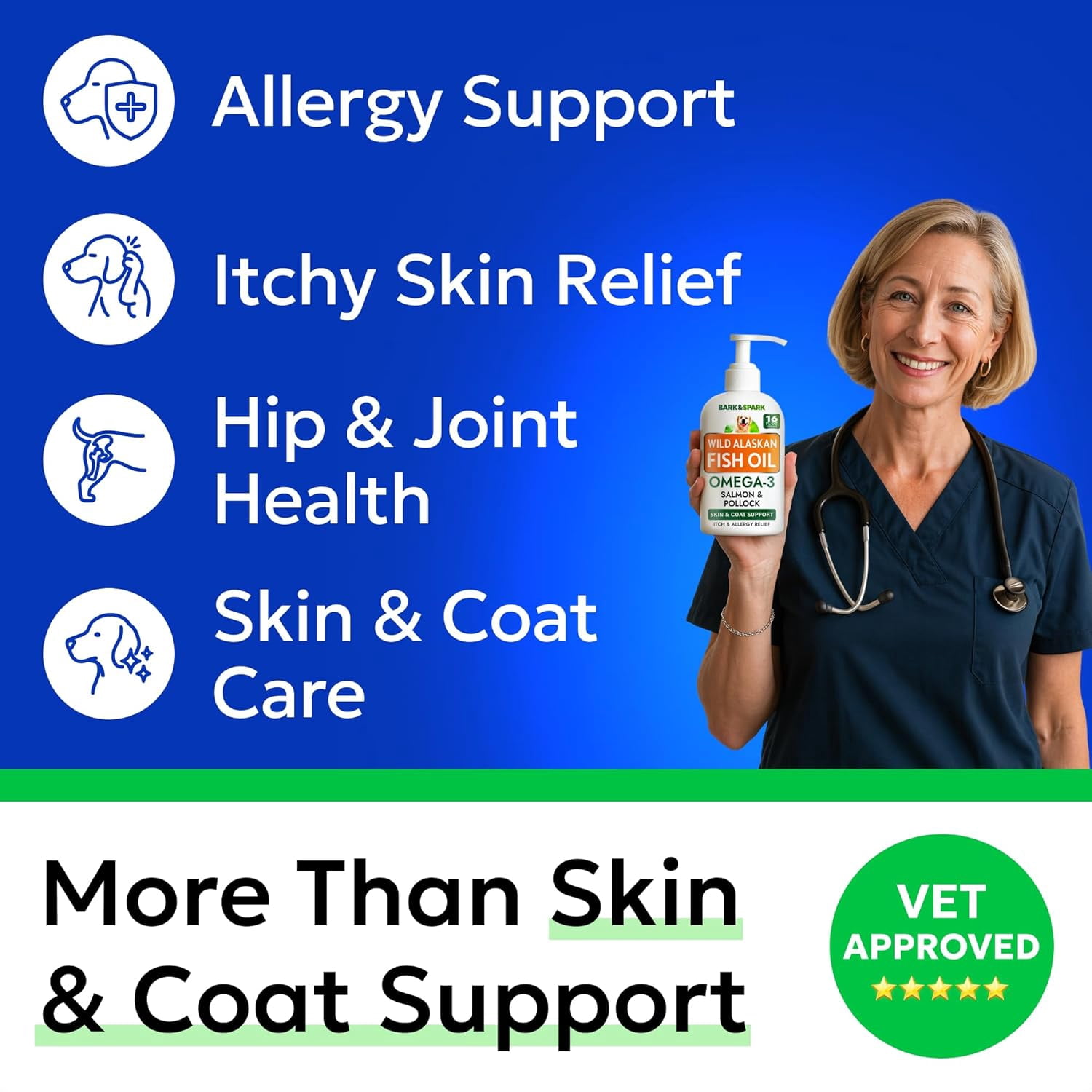 Bark&Spark Omega-3 Fish Oil Liquid for Dogs - Wild Alaskan Salmon Oil - EPA & DHA, Skin & Coat, Itch & Allergy Relief, Joint Health