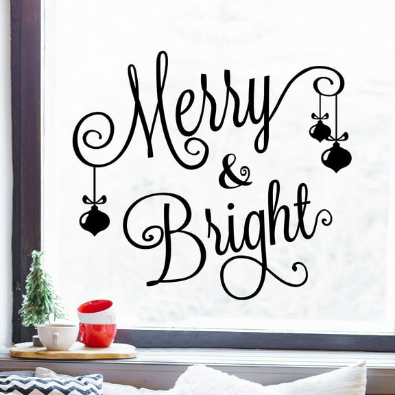 Merry & Bright (all cursive w/ 3 ornaments) Vinyl Lettering Decal Christmas Decor Holiday Decals Size: 16.5"H x 19"L - Color: Black