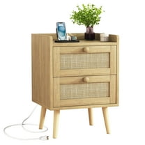 Rattan Nightstand with Charging Station, Rattan Boho End Table with 2 Drawers Bedroom Bedside Side Tables Natural Night Stand for Living Room,Bedroom,Dorm Room Essentials