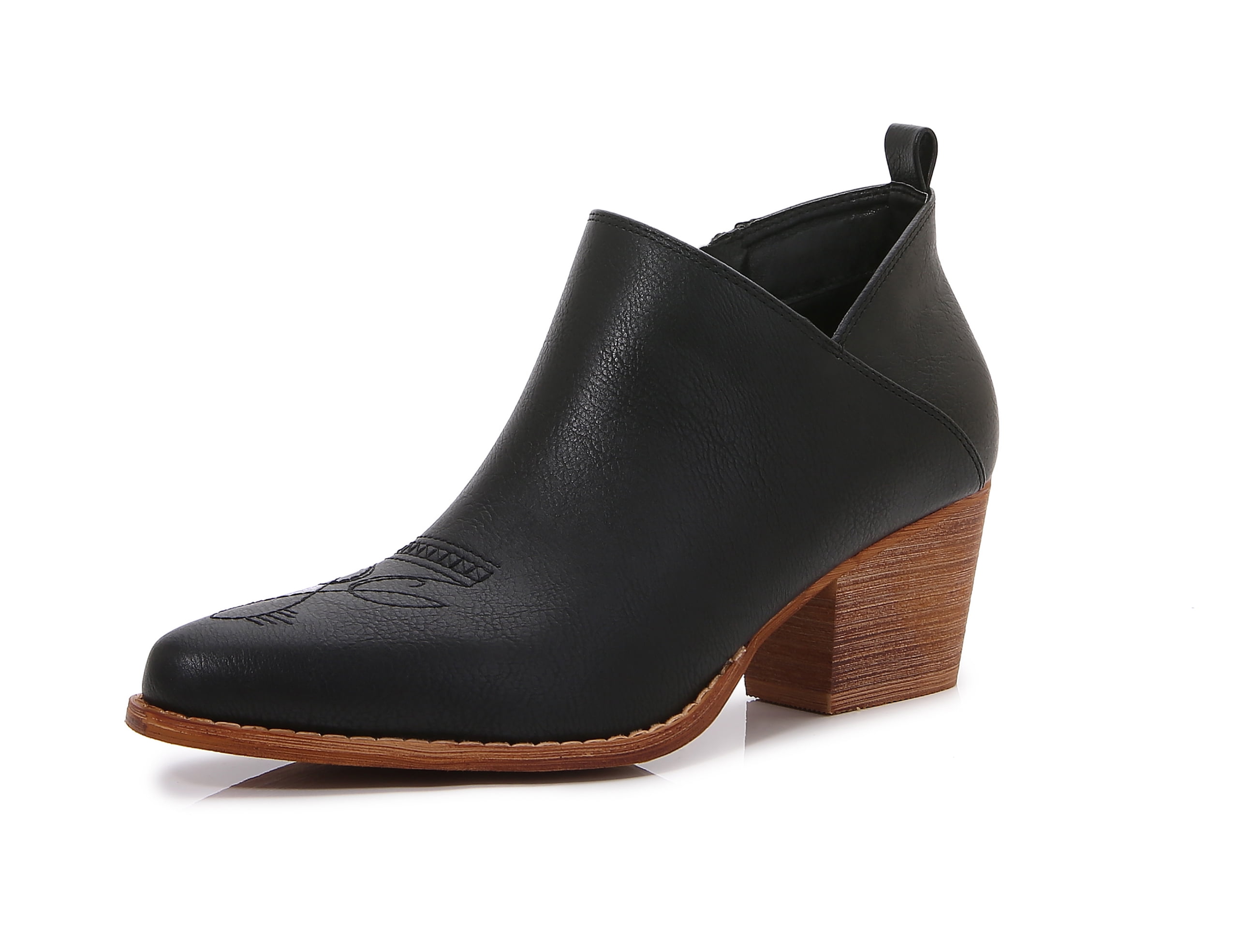 MM Women's embroidered Polyurethane Leather Wooden Heel Zippered Fashion Ankle Boots (Black, 9)