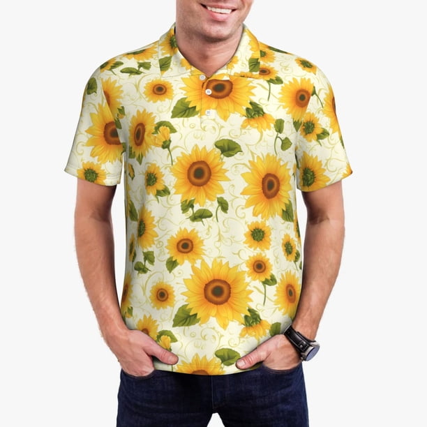 Fotbe European-style Pattern Sunflower Camiseta Polo de Golf para Hombre con Estampado – Camisa Deportiva Transpirable con Cuello Abotonado-Small
