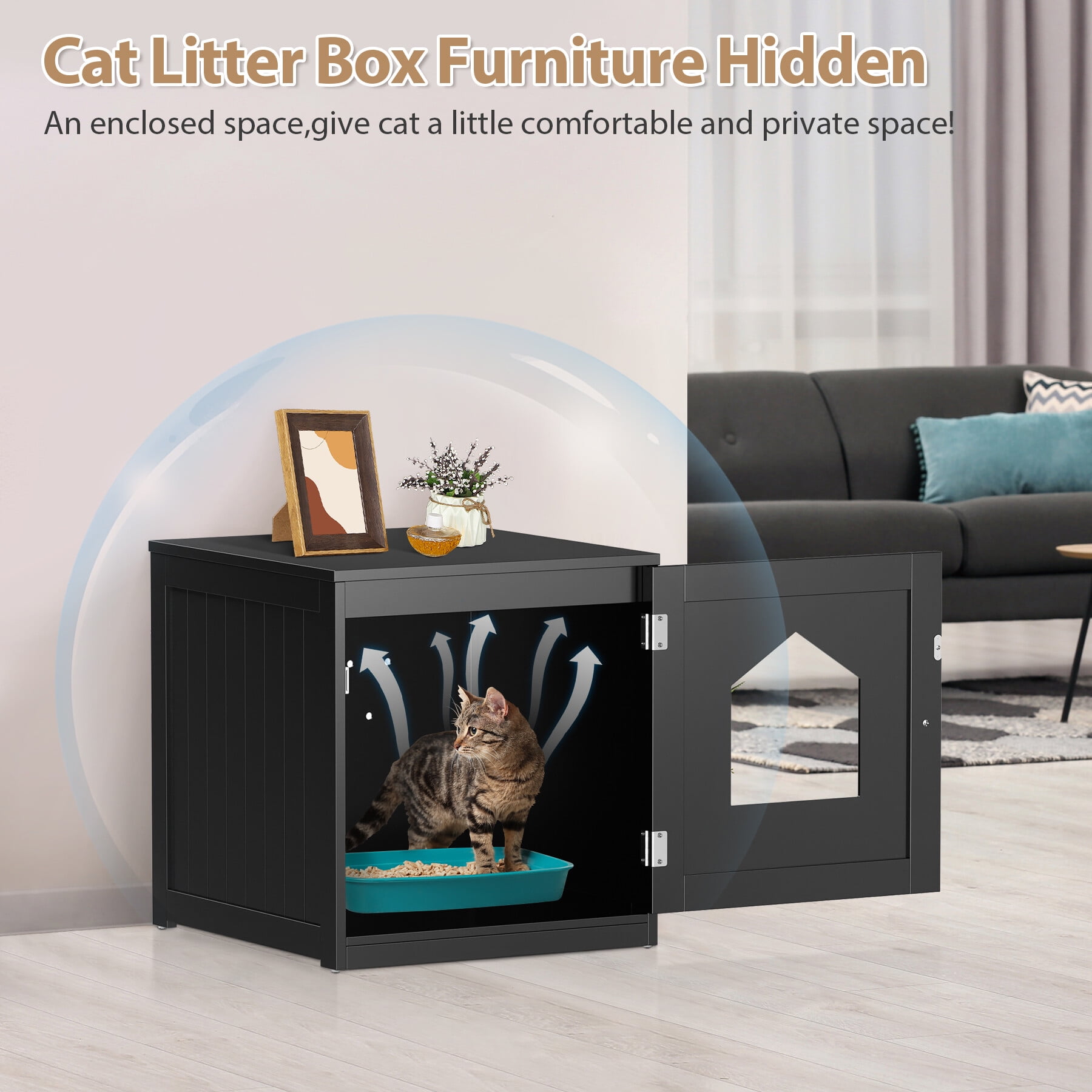 HomGarden 20'' Black Cat Washroom Pet House Hidden Litter Box Enclosure & MDF Side Table
