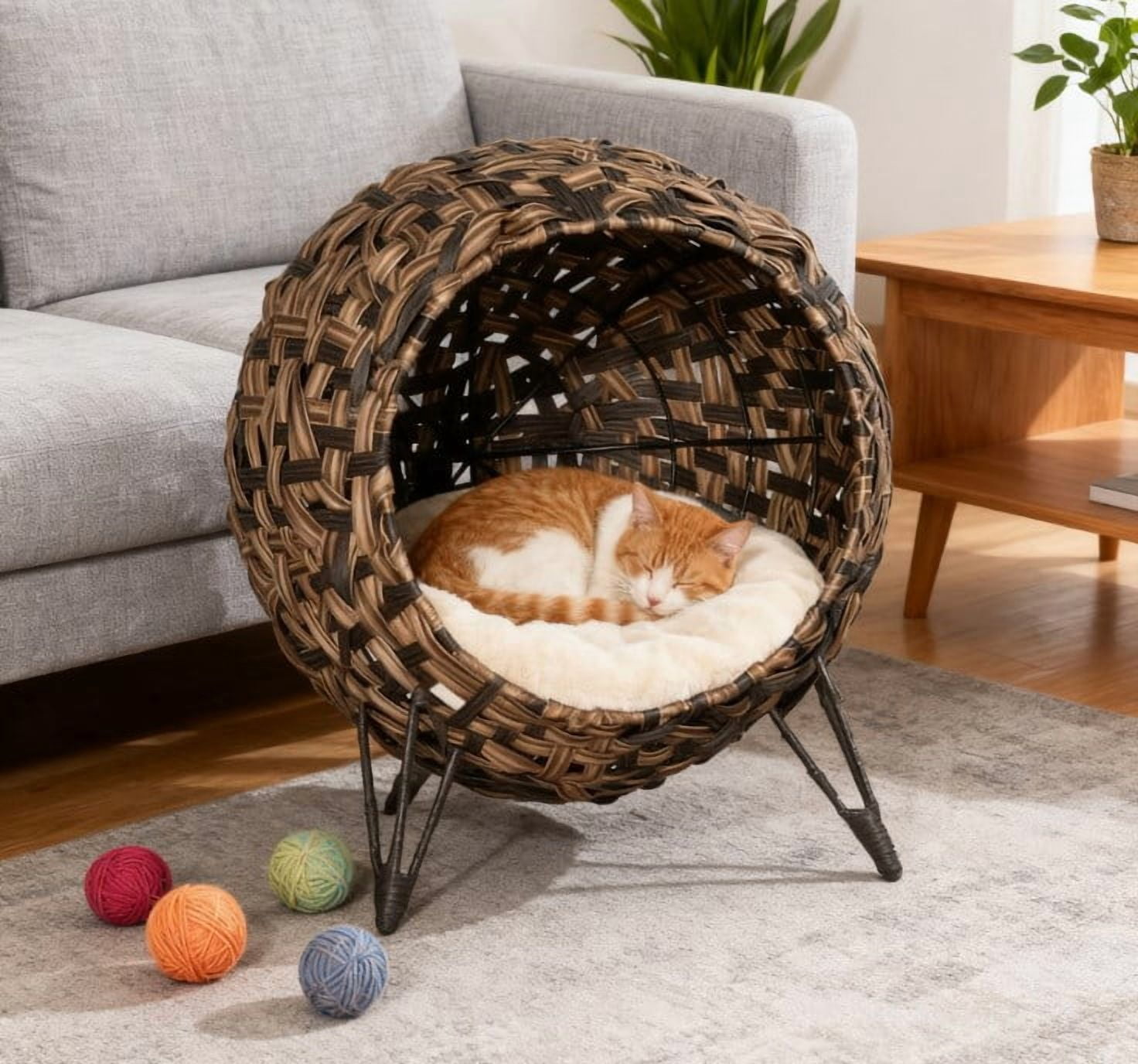 Elevated Hand-Woven Banana Leaf Cat House, Brown Wicker Cat Condo with Soft Cushion, Metal Tripod Base, Ventilated Enclosed Cat Bed for Cats Under 11 lbs