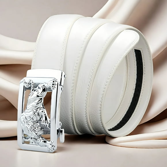 Men's White Automatic Buckle Belt with Hollow-Out Alloy Buckle - Adjustable & Cut-to-Fit Length, Formal/Casual/Wedding Belt Suitable for Business, Dance, Gift (Valentine's Day, Father's Day)