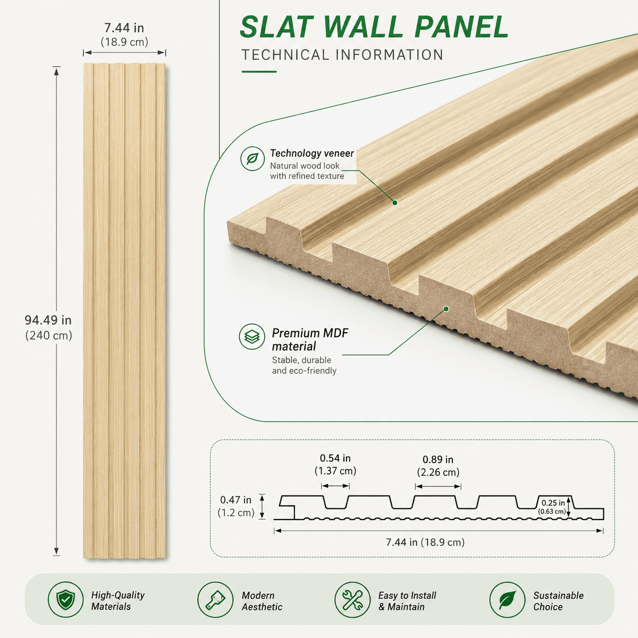 Yeslife 6 pcs Slat Wall Panels, 94.49 x 7.44 in, Oak MDF, 3D Decorative Design for Interior Walls and Ceilings