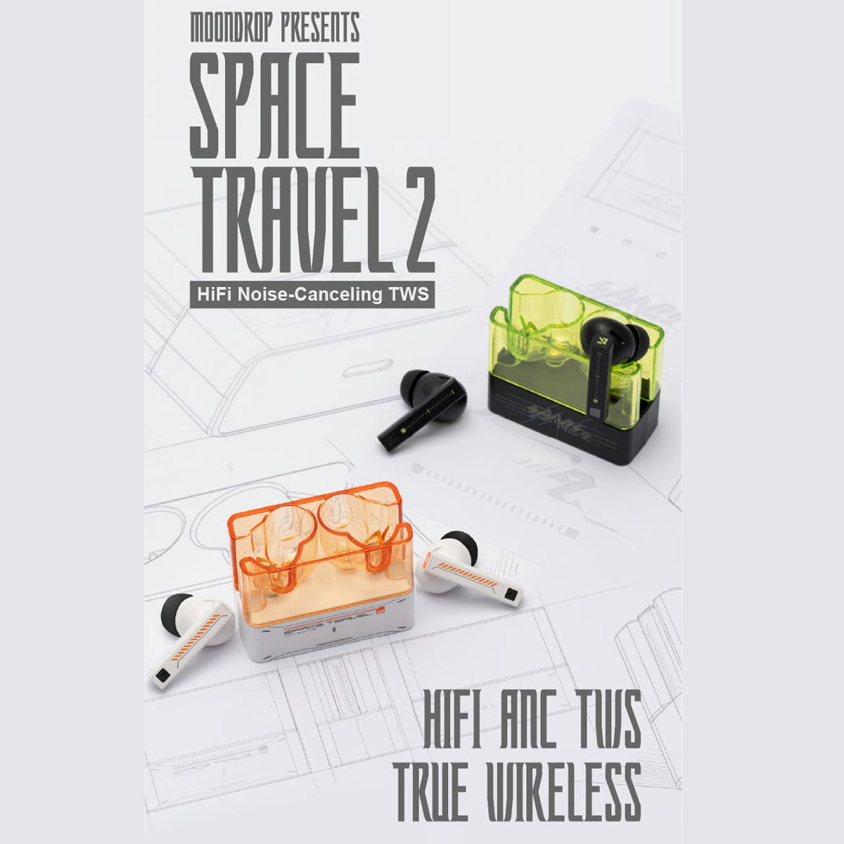 MOONDROP Space Travel 2 TWS Earbuds HiFi Wireless Headphones with ANC Noise Cancellation, Bluetooth 6.0, Low Latency Gaming Mode, SBC/AAC Codec Support