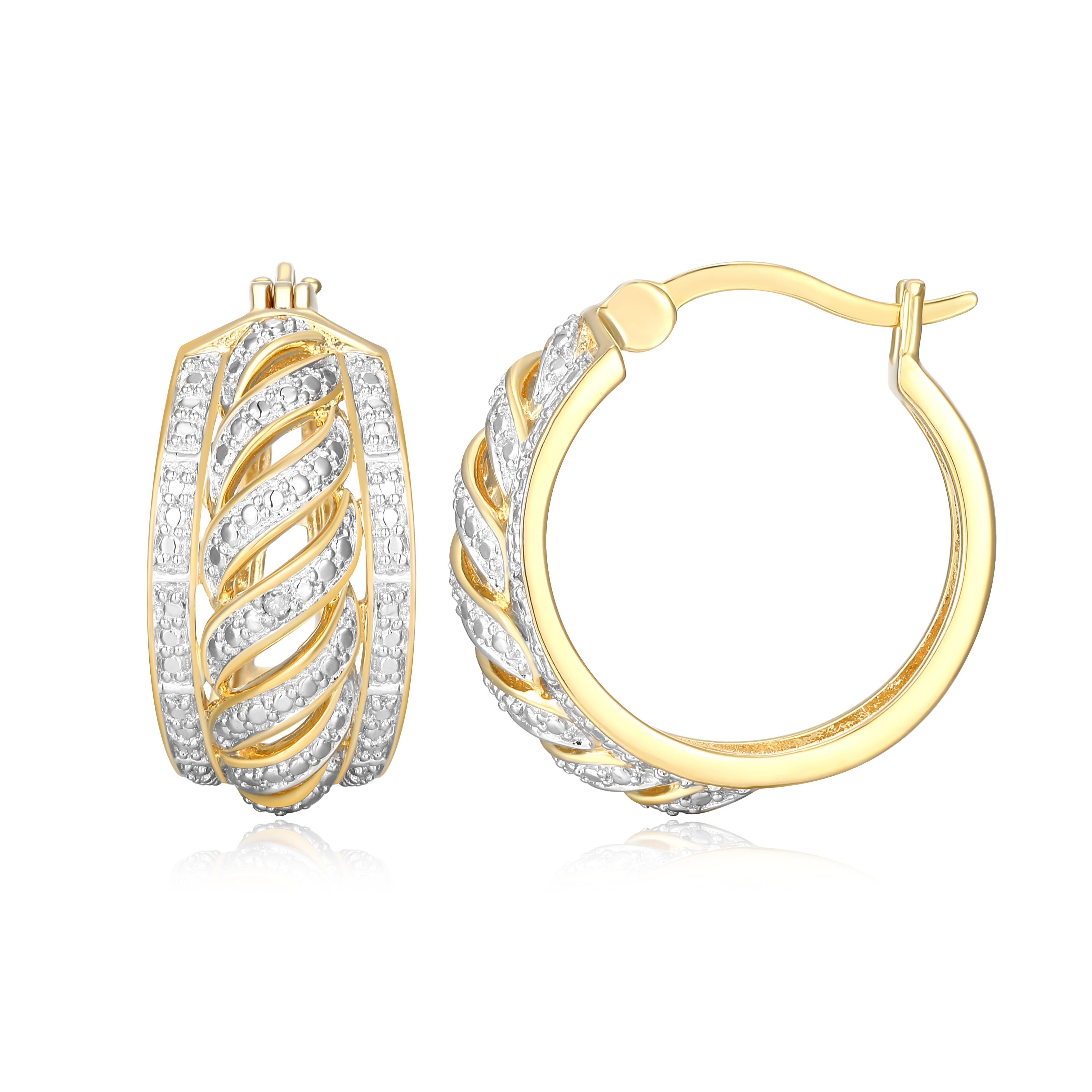 Forever Facets Diamond Accent Open Relief Hoop Earrings in 18k Yellow Gold over Bronze, Adult Female