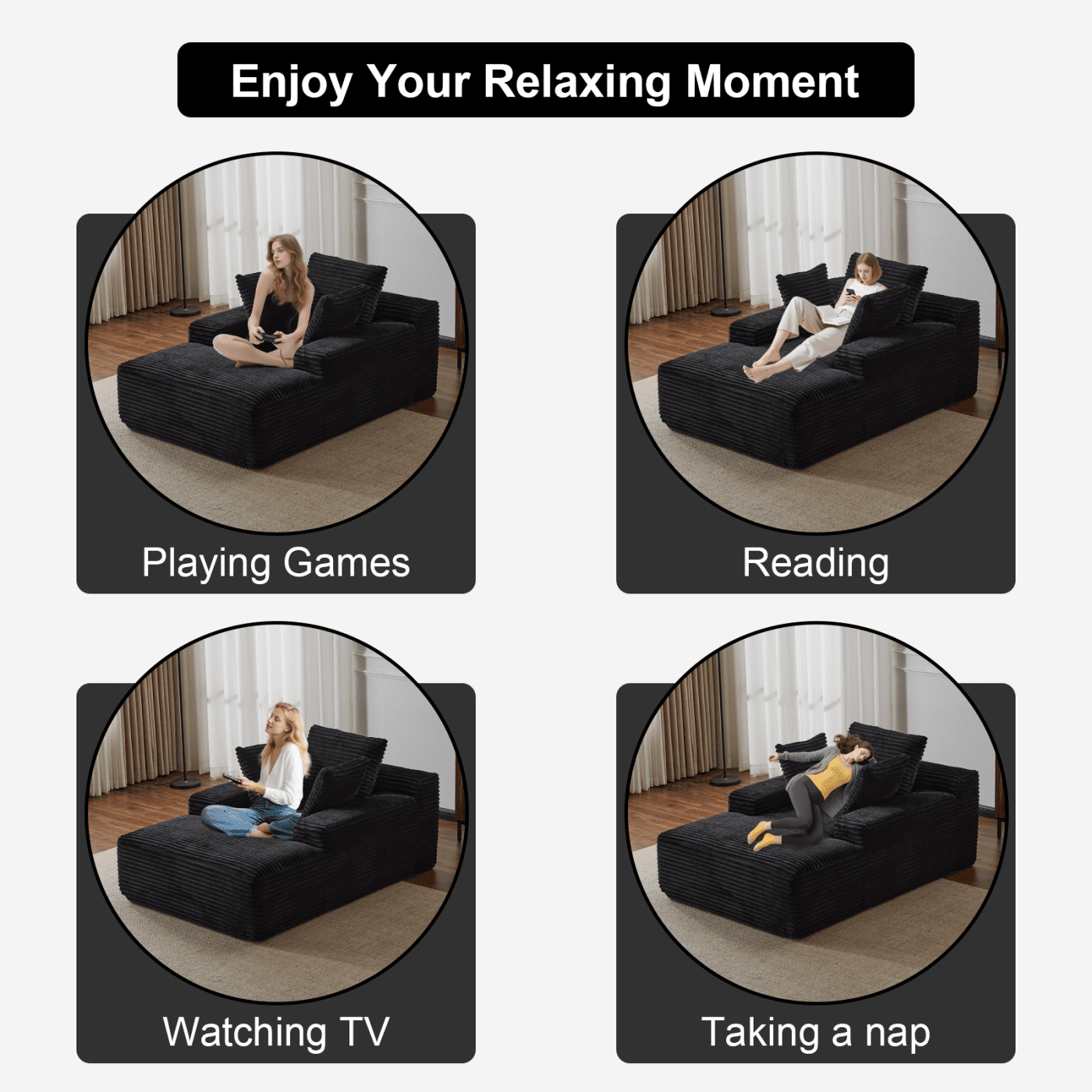 Oversized Chaise Lounge Chair Indoor, Corduroy Upholstered Sleeper Sofa Daybed with 3 Throw Pillows and Wide Armrest for Living Room, No Assembly Required,Black
