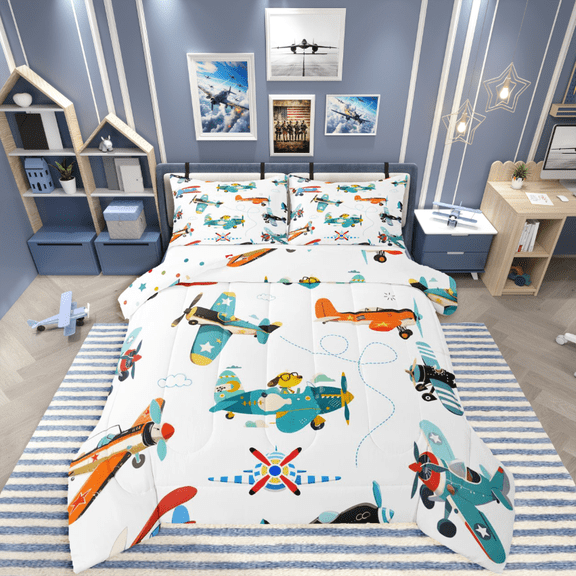 Homewish Cartoon Plane 2pcs Bedding Comforter Set for Kids Children Boys,Kawaii Airplane Twin Comforter Sets,Transportation Theme Breathable Bedding Set,Ultra Soft Home Decor,Reversible