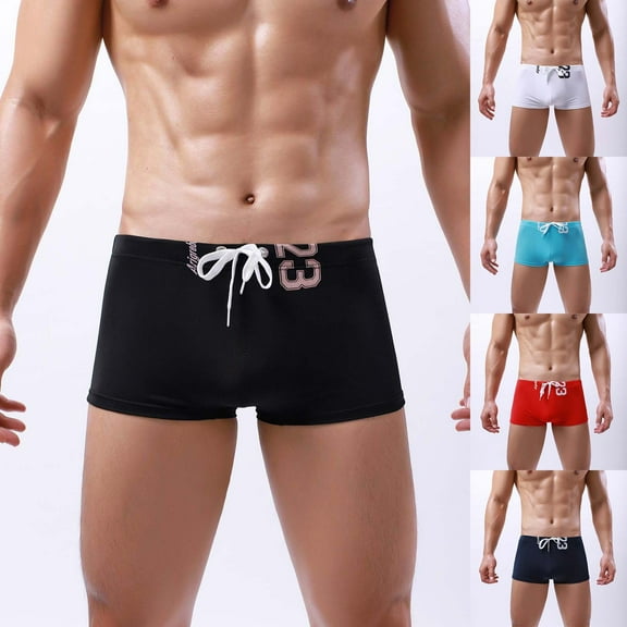 Elainilye Fashion Men's Swimsuit Low Waist Solid Color Striped Drawstring Hot Spring Quick Dry Swimming Briefs,Red