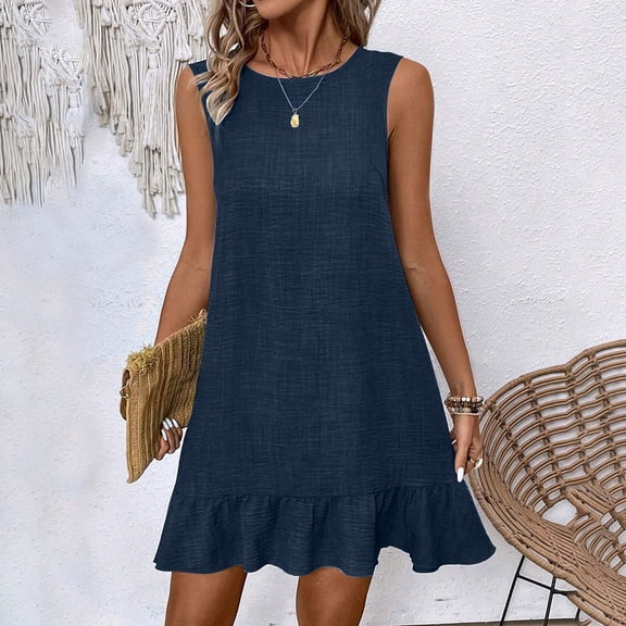Fartey Linen Dresses for Women Casual Summer Crew Neck Sleeveless Tank Mini Dress Trendy Tie Backless Short Dress Flowy Ruffle Hem Beach Sundress Dark Blue XL