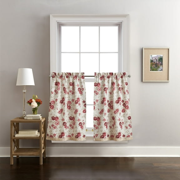 Curtainworks Antique Rose Cotton, Polyester, Light Filtering, Rod Pocket Indoor Tier Pair , Red , 54"x 36" , Set of 2, Adult